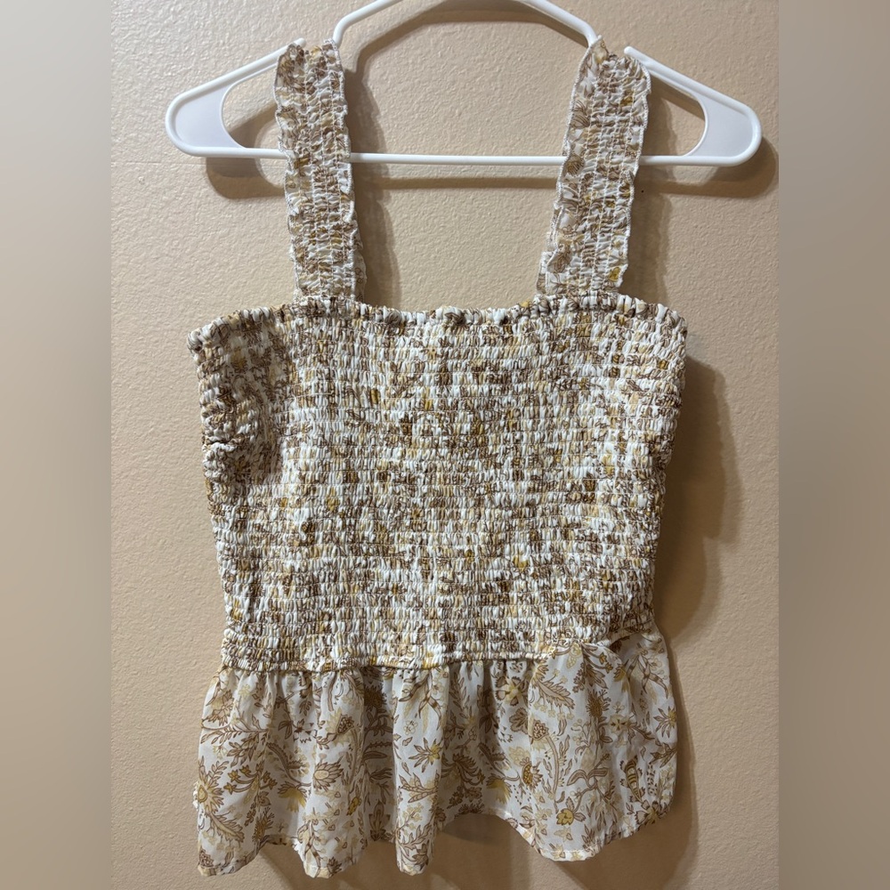 Japna Women's Tan & White Smocked Babydoll Crop top Size XL